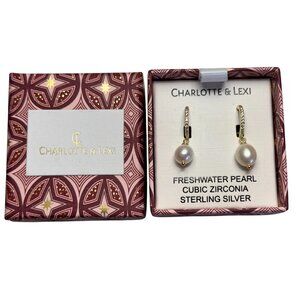 NIB Charlotte & Lexi Sterling Silver Pearl Dangle Gold Earrings